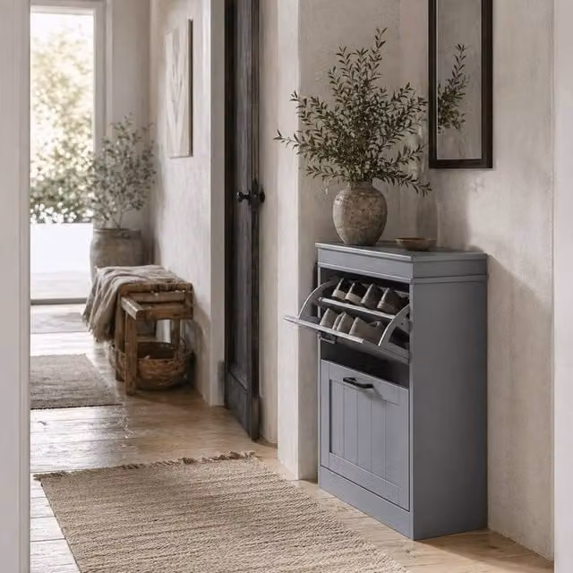 Wyld Haus Falifa Grey 2 Drawer Shoe Cabinet with Tilting Compartments and Adjustable Shelves, Fits Up to 10 Pairs