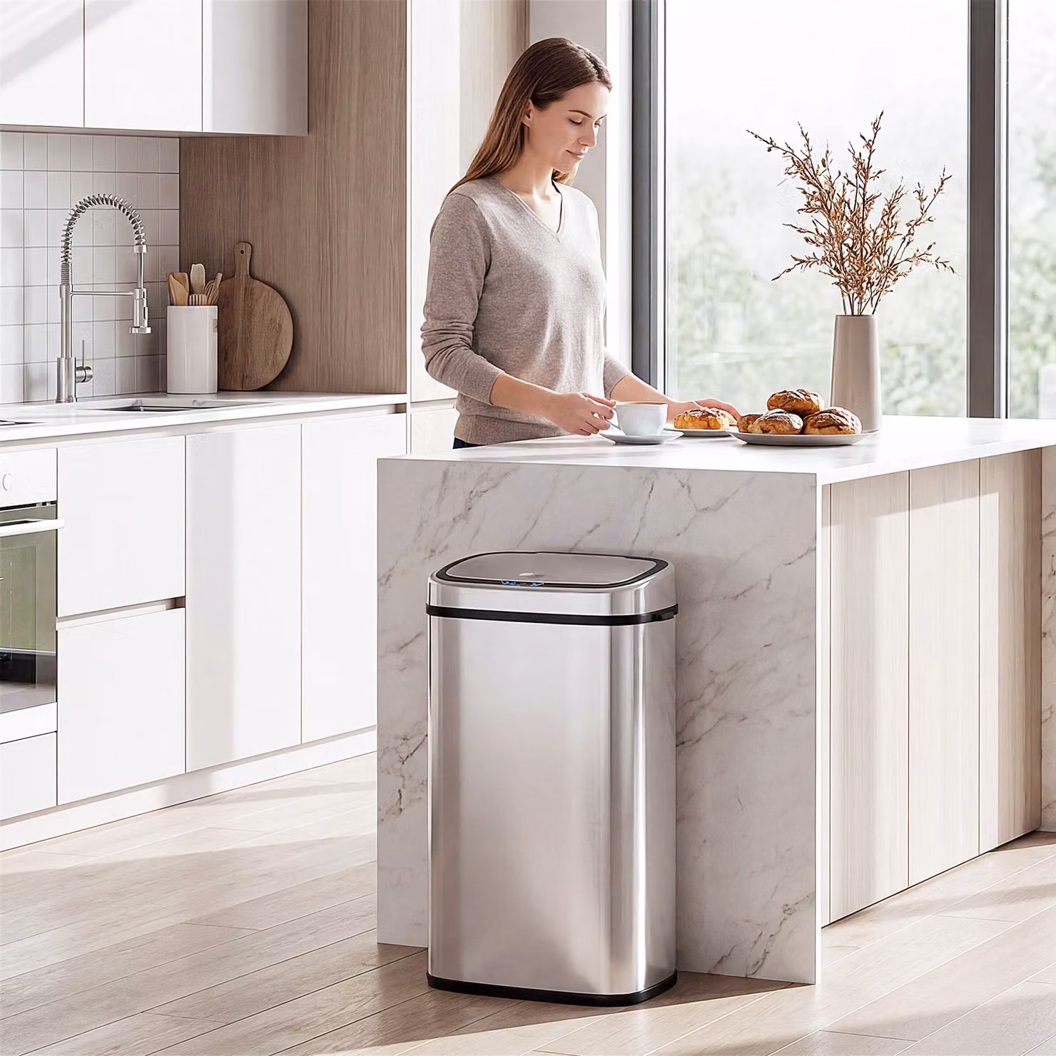 HOMCOM 68L Automatic Sensor Lid Stainless Steel Kitchen Bin in Silver – 2