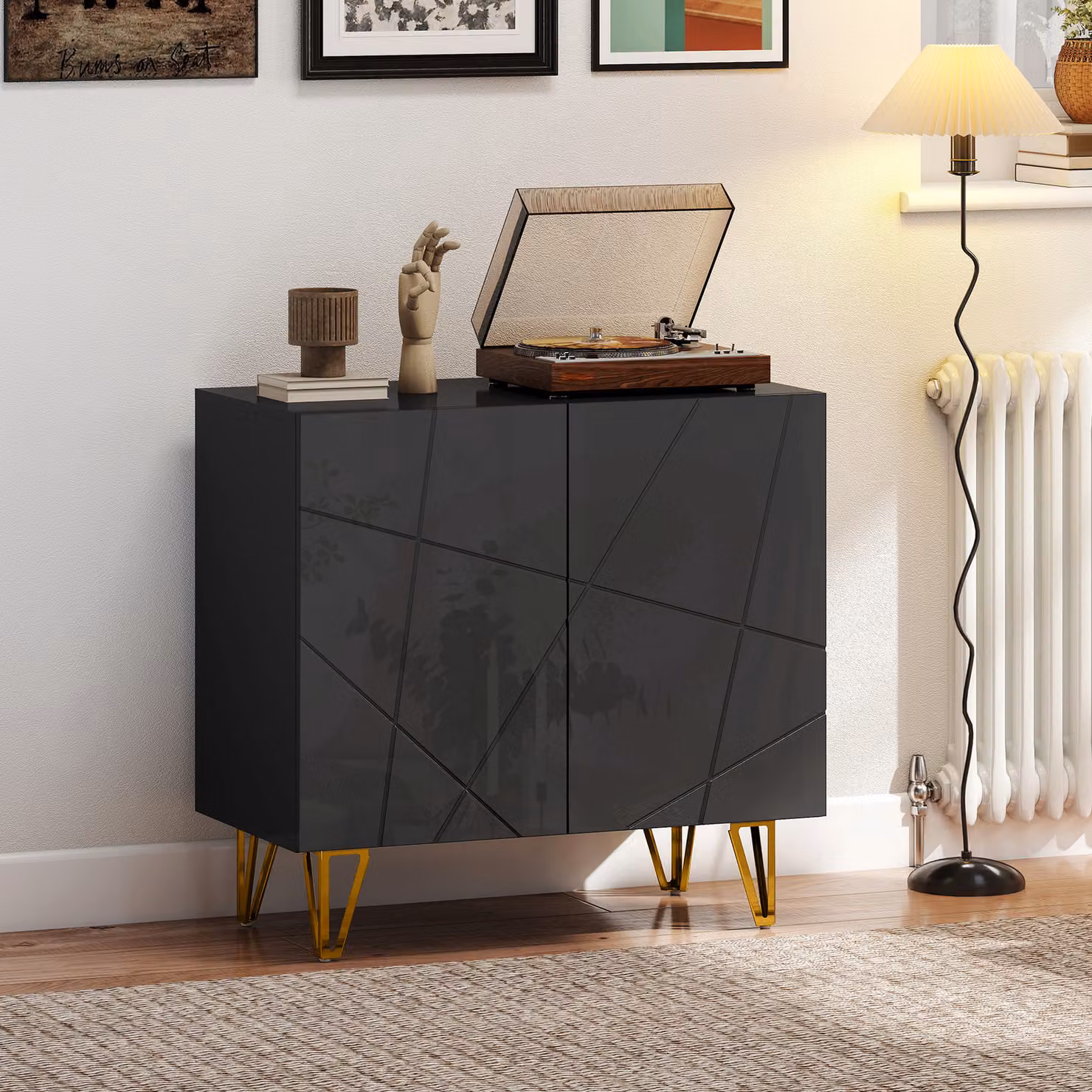 HOMCOM Modern Luxe High Gloss Sideboard in Black with Gold Hairpin Legs – 2
