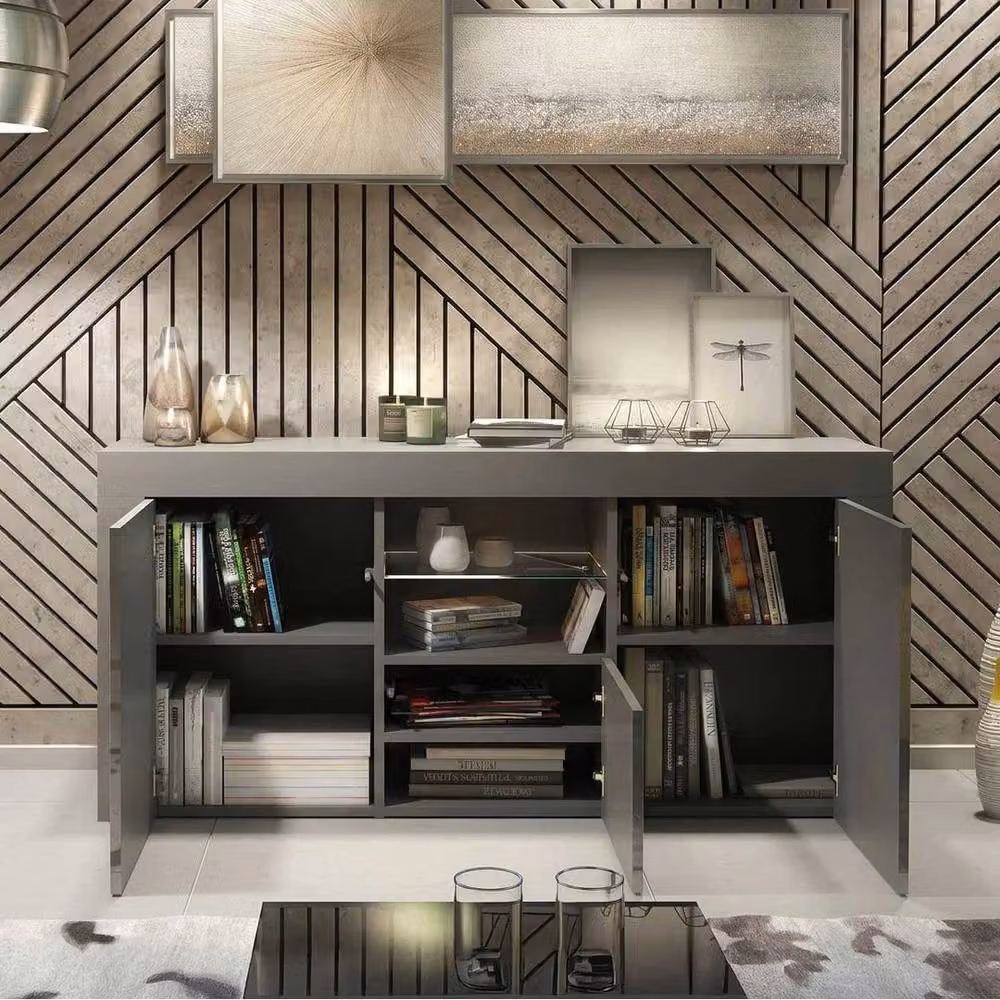FORGEVIO Modern Grey TV Unit and Sideboard Storage Cabinet with Glass Details – 3