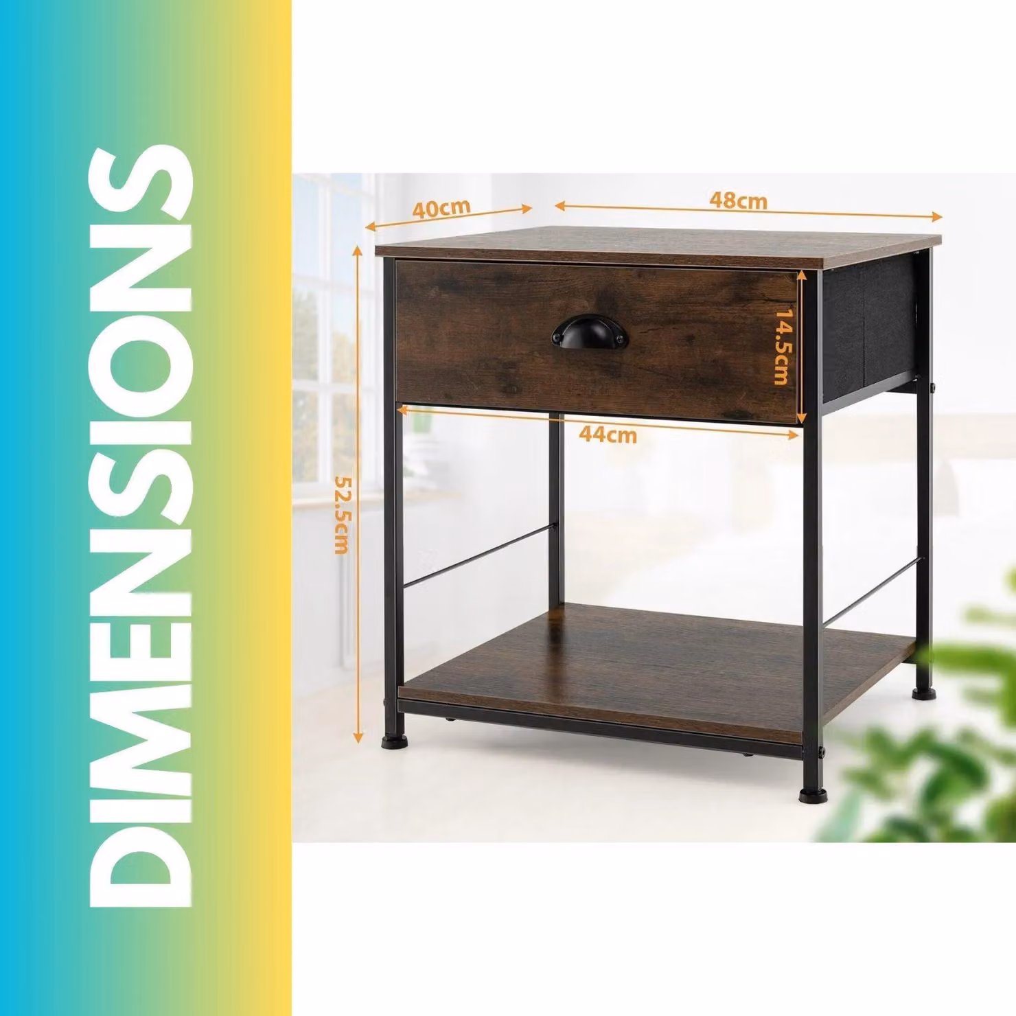 Pirlo Plush Industrial Bedside Tables with Drawer, Set of 2, Brown, W/D/H: 40 x 48 x 52.5 cm – 2