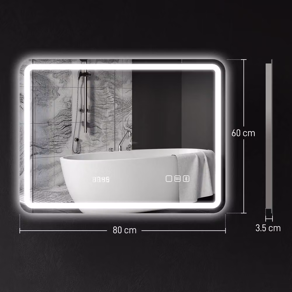 STILVORA Modern Rectangular Wall Mounted Bathroom Mirror with Dimmable LED Lighting, Bluetooth and Touch Switch in Silver – 4