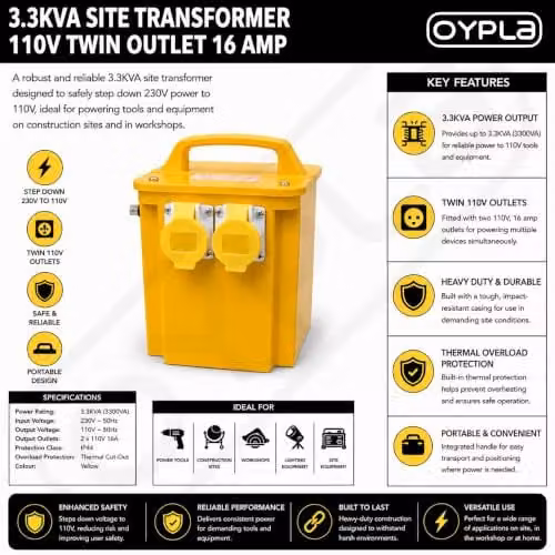 Oypla 3.3KVA Site Transformer with Twin 110V 16 AMP Outlets, Yellow – 2