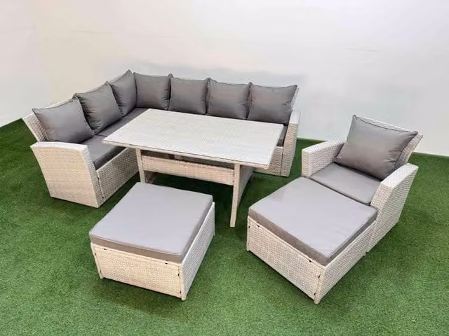 Fimous 9 Seater Rattan Garden Furniture Set with Dining Table, Chairs and Footstool in Light Grey