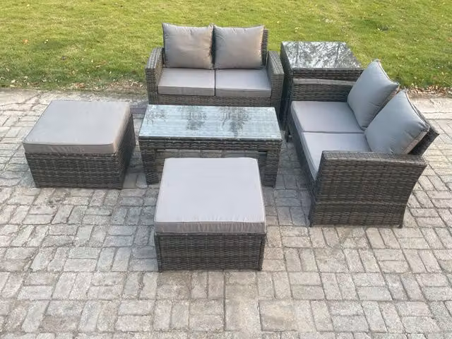 Fimous High Back Rattan Garden Furniture Set in Dark Grey with 2 Seater Sofa, Rectangular Coffee Table, Side Table and 2 Ottomans