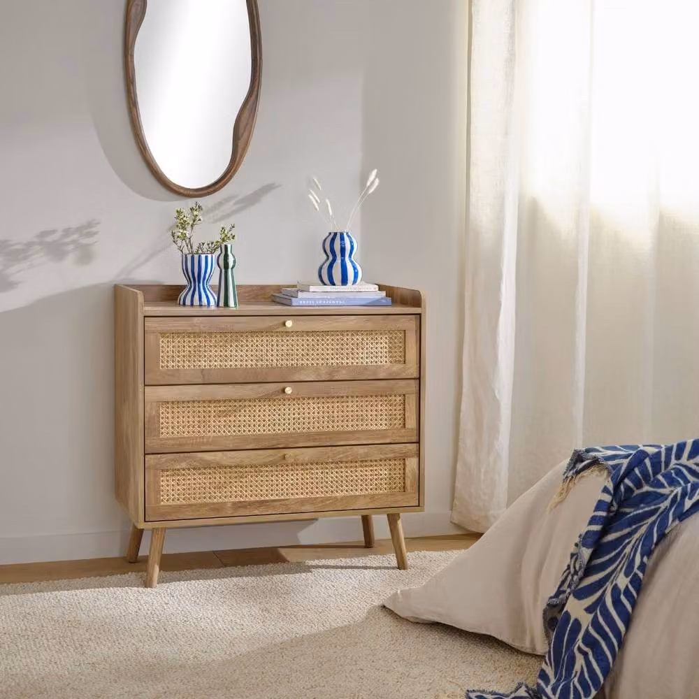 CALICOSY PALMO 3-Drawer Chest with Natural Rattan Fronts in Light Brown, Width: 80 cm – 2