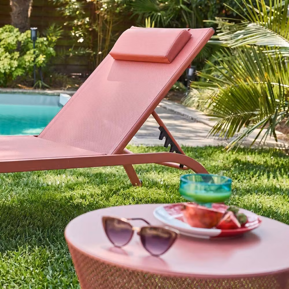 sweeek Set of 2 Multi-Position Steel Sun Loungers with Weatherproof Cushions and Castors in Terracotta – 3