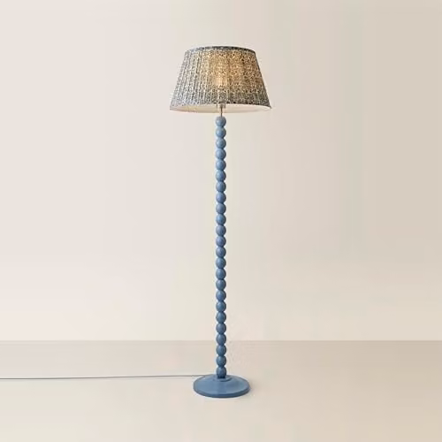 ValueLights Bobbins Blue Floor Lamp with Wood Base and Fabric Shade