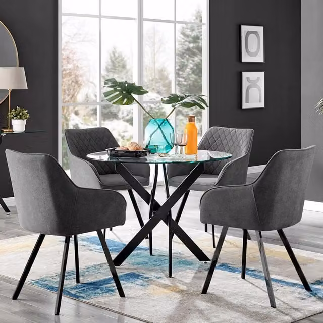 FurnitureboxUK Novara Round Glass Dining Table and 4 Falun Chairs in Dark Grey and Black