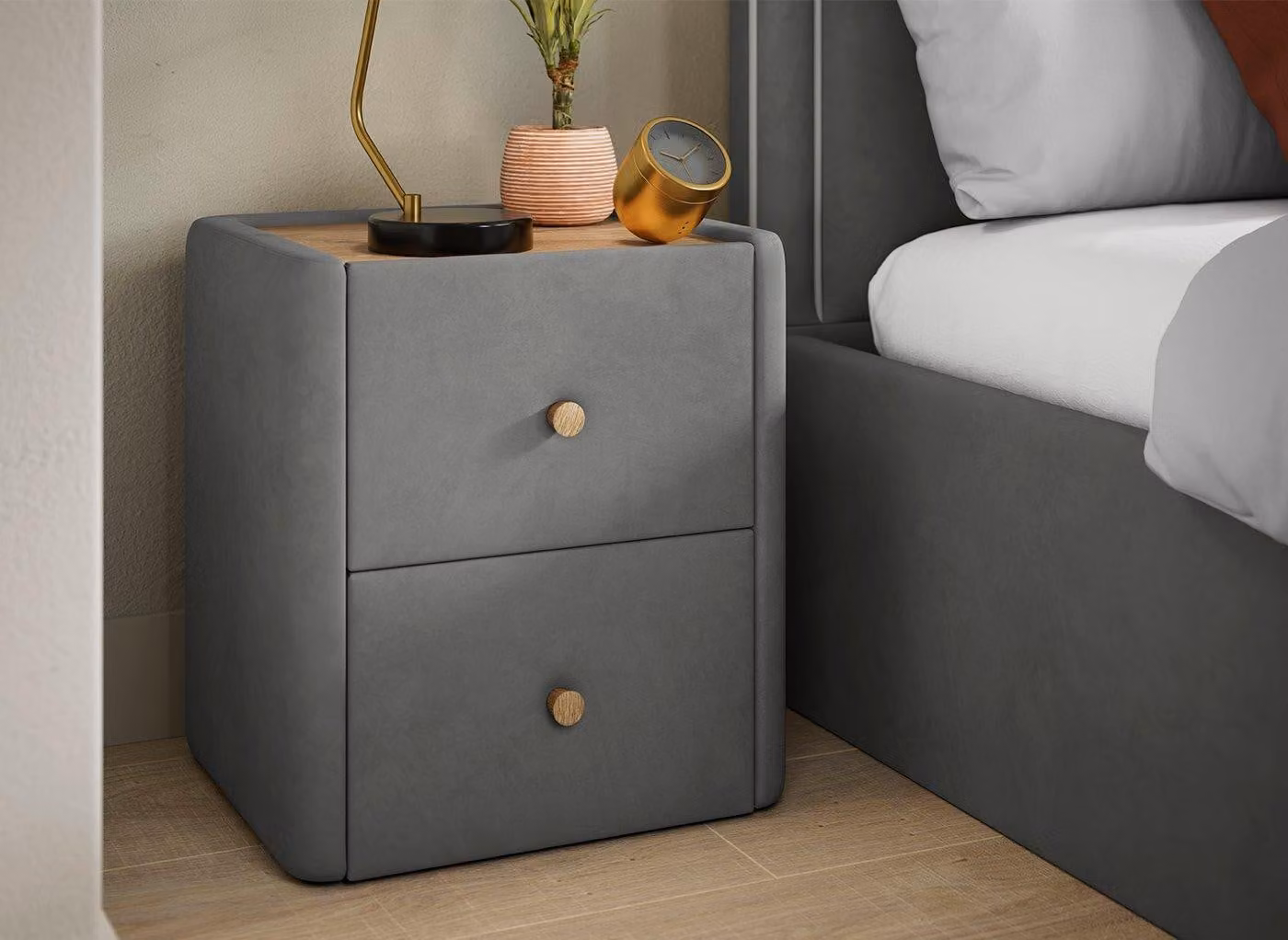Dreams Harry Grey Upholstered Wood Bedside Table