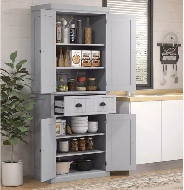 FORGEVIO Tall Kitchen Storage Cupboard Cabinet in Grey with Hinged Doors and Internal Shelves – 1