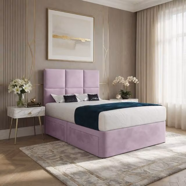 KDMD Isham Pink Velvet Upholstered Designer Bed Frame with Floorstanding Headboard, W/D/H: 200 x 200 x 137 cm – 1