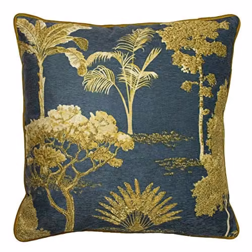 Paoletti Arboretum World Trees Embroidered Velvet Cushion in Blue and Gold, W/D/H: 50 x 50 x 50 cm – 1