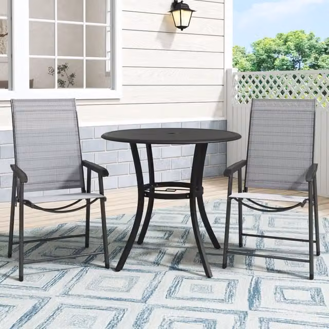 Breeins Black Metal Slatted Garden Table and 2 Foldable Chairs Set