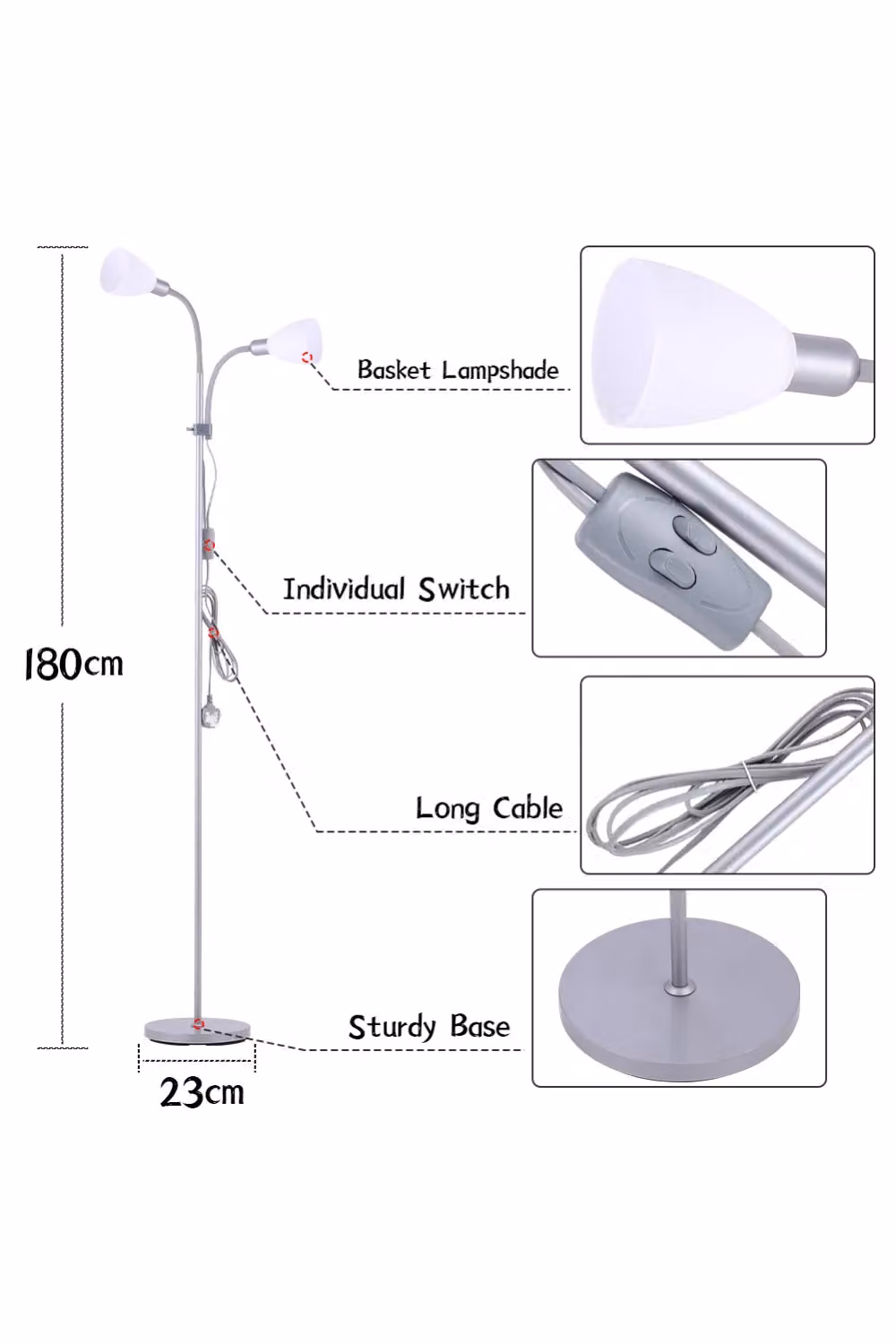 Living and Home Modern 2 Head Adjustable Standing Floor Lamp in White and Multicolour – 3