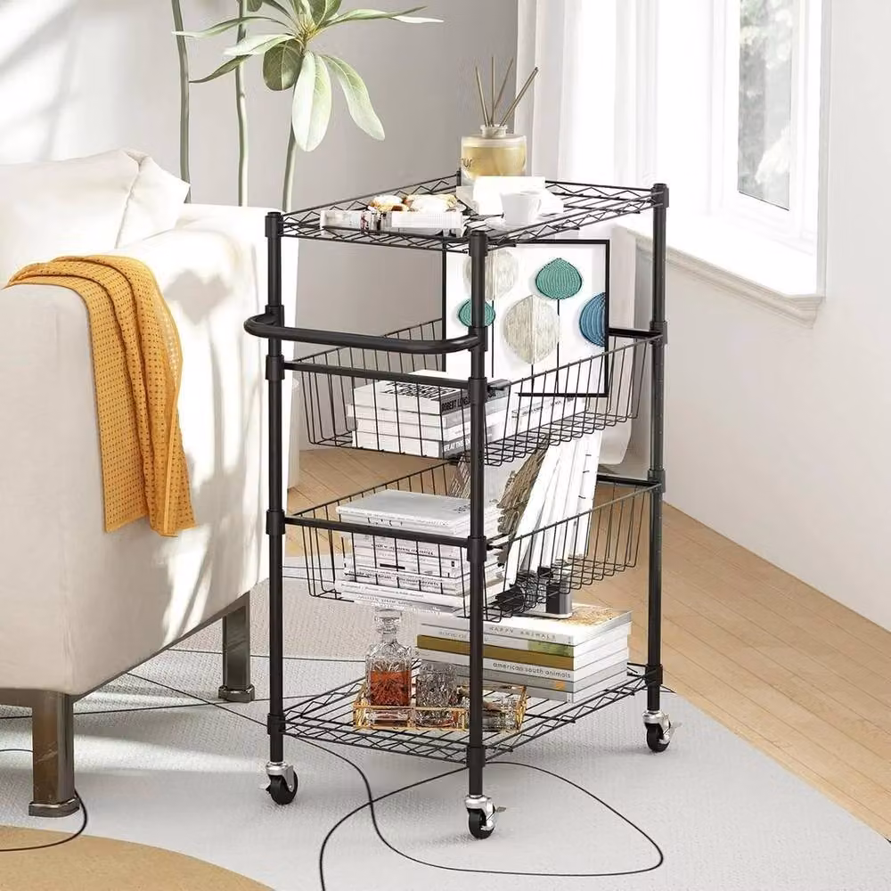 KORVIXA 4 Tier Metal Storage Trolley Cart on Wheels in Matt Black, Height: 100 cm – 3
