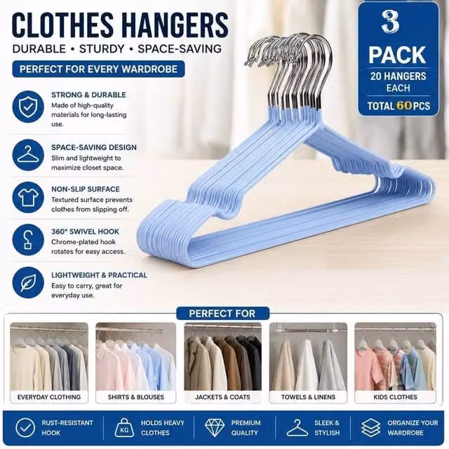 ATEK 60 Pack Premium Non-Slip Rubber-Coated Metal Clothes Hangers in Blue