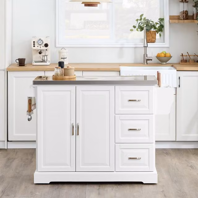 SoBuy Foldable Kitchen Island with 3 Drawers in White