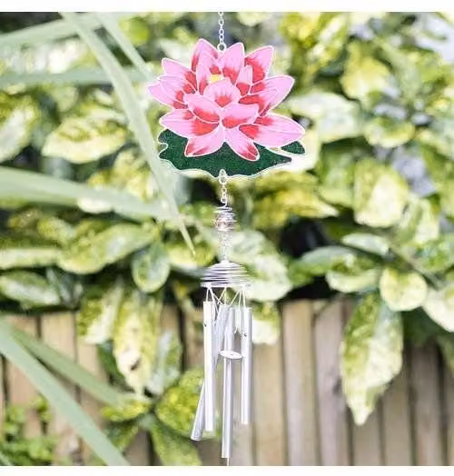 KDMD Water Lily Floral Hanging Windchime in Silver and Pink