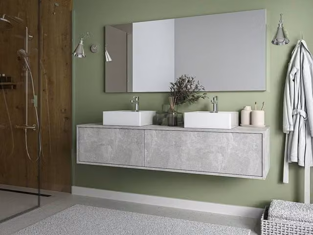 Vente-unique ISAURE II Grey Concrete Double Washbasin Vanity Unit, W: 150 cm, D: 47 cm, H: 32 cm – 1