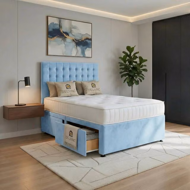 DS Living Casia Modern Upholstered Velvet Drawer Bed in Blue, W/D/H: 180 x 200 cm – 1
