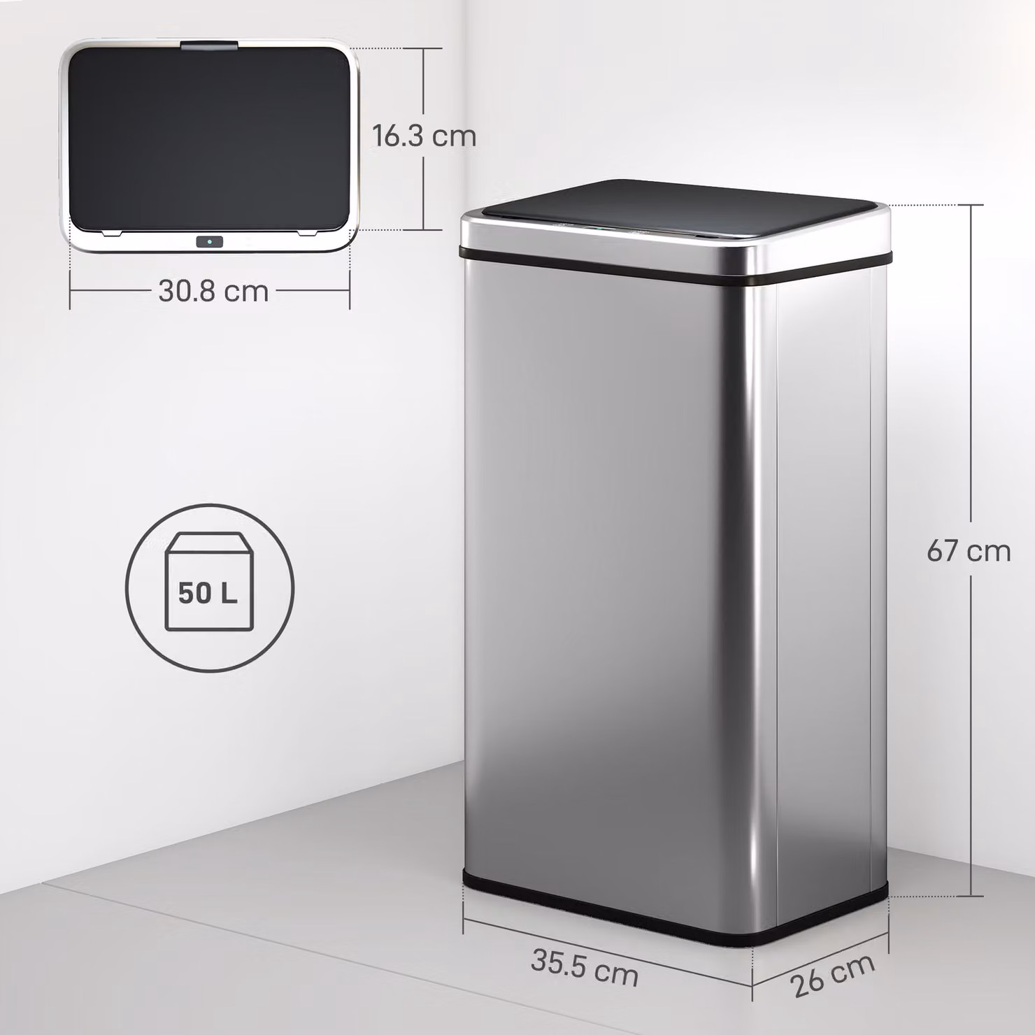 HOMCOM 50L Sensor Bin with Quiet Soft-Close Lid and Fingerprint Resistant Stainless Steel in Silver Tone – 3