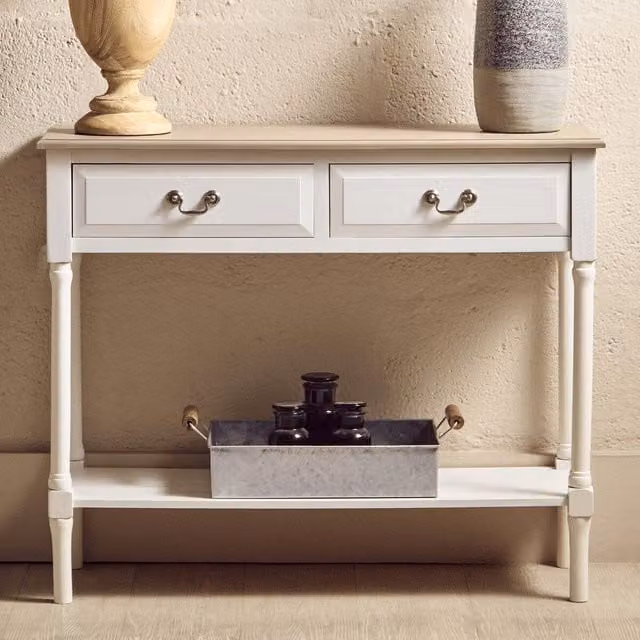 Orsina White Pine Wood Console Table with 2 Drawers, W/D/H: 91 x 40 x 75 cm