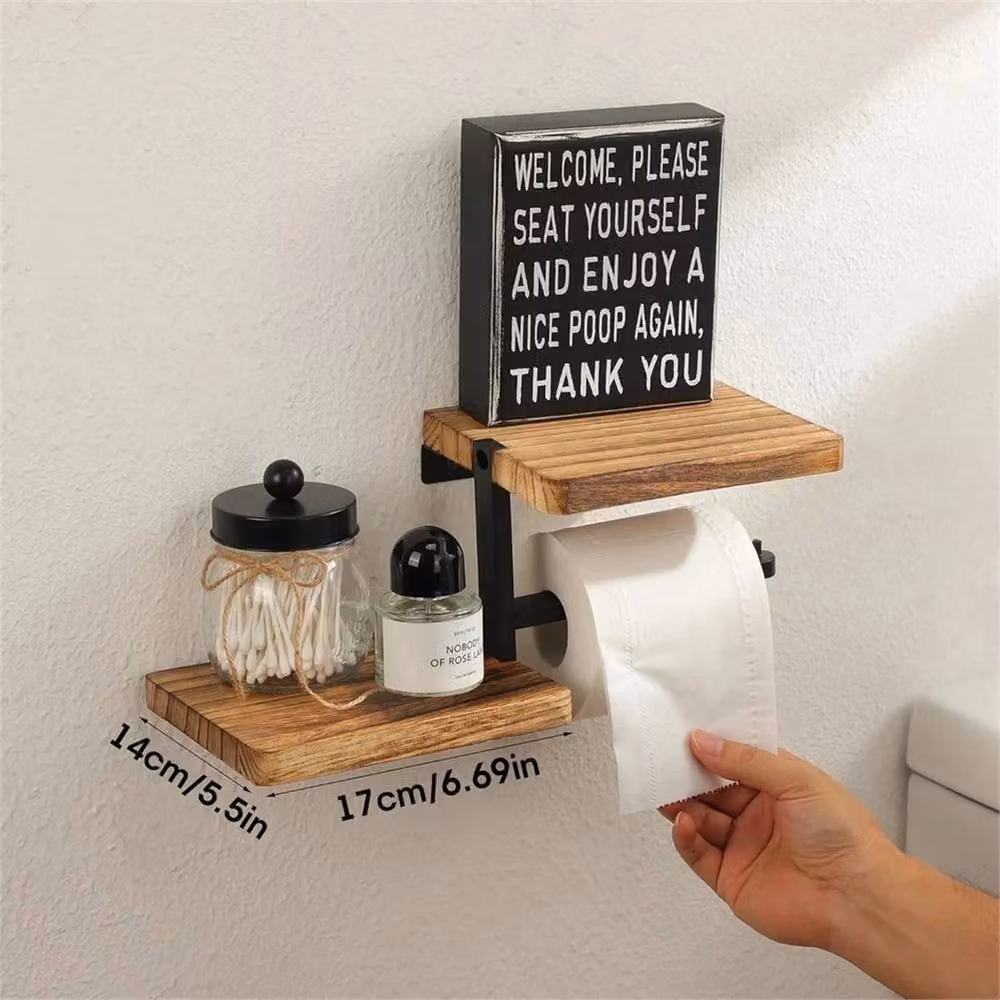 VOGREX Wall Mounted Wooden Toilet Roll Holder with Storage Shelves in Brown – 2