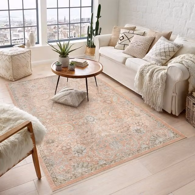 Desire Rugs Maia Washable Floral Traditional Non-Slip Area Rug, Coral, W: 200 cm, L: 300 cm