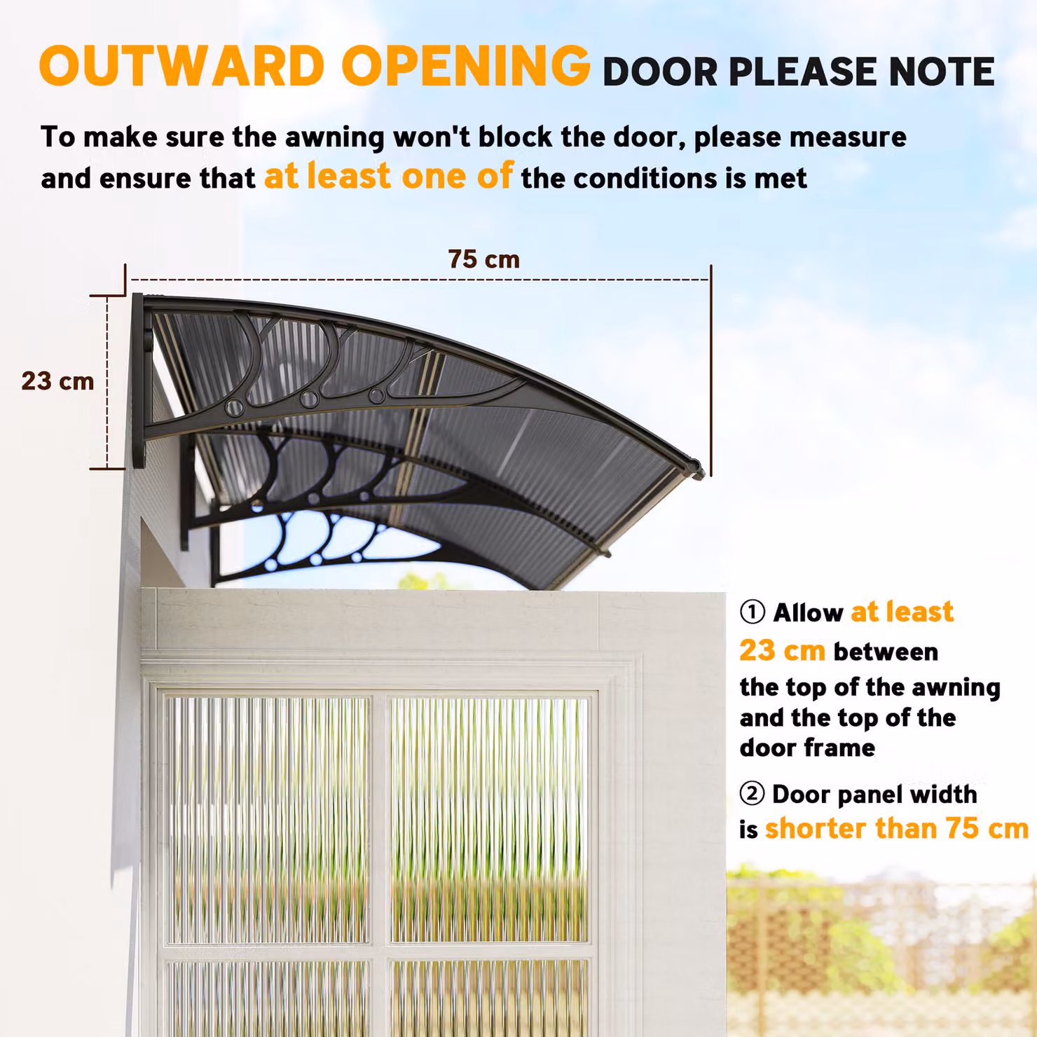 Outsunny Waterproof Door Canopy Awning and Window Rain Shelter in Black and Transparent, W: 200 cm, D: 75 cm – 6