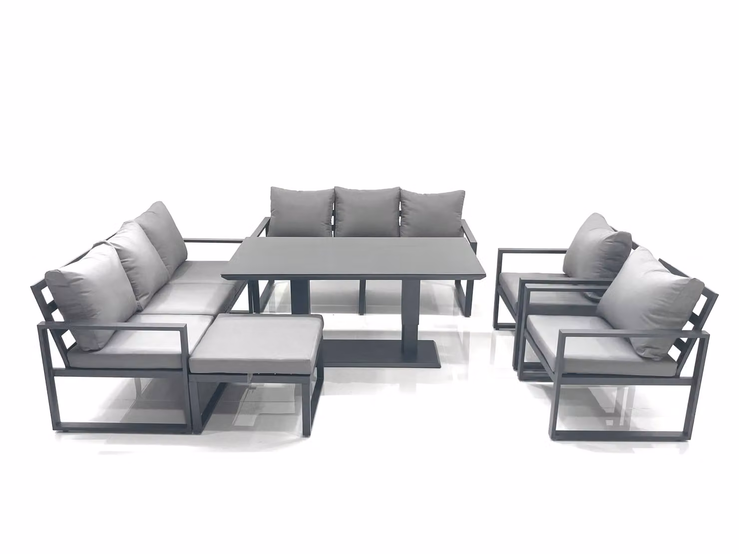 Fimous Garden Sofa Set with Height Adjustable Dining Table, 2 Chairs and Large Footstool in Dark Grey Powder Coated Aluminium – 2