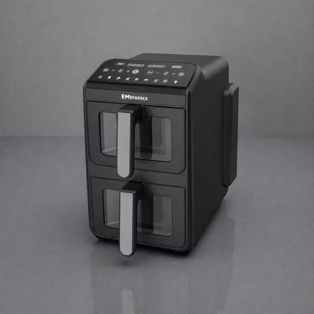 EMtronics 8 Litre Double Basket Air Fryer in Black and Stainless Steel