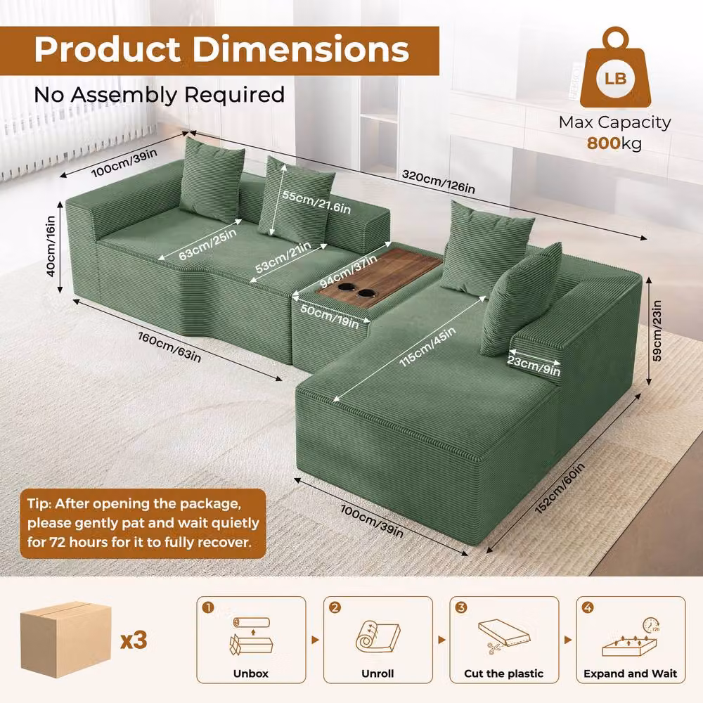 Dprodo Green Corduroy Right L-Shaped Modular Sofa with Cup Holder Table and Scatter Cushions, Width: 320 cm – 5