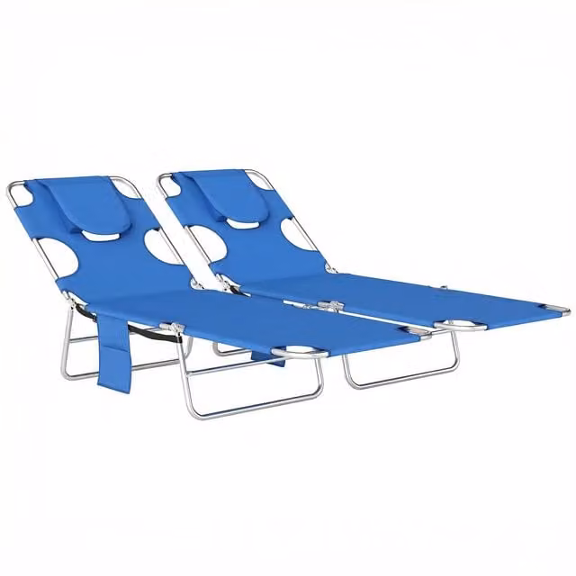 Outsunny Set of 2 Adjustable 5-Position Sun Loungers in Blue with Reading Hole and Side Pocket