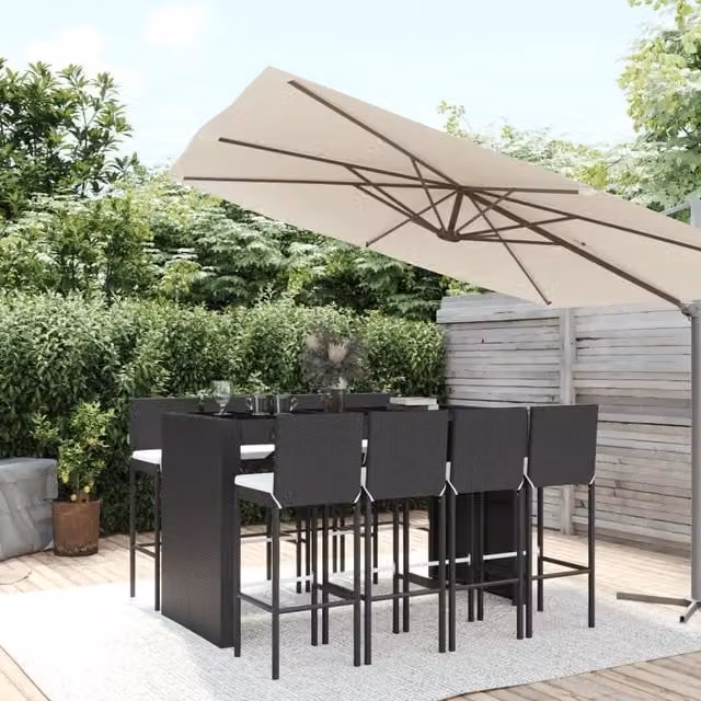 Berkfield Home 9 Piece Black Poly Rattan Garden Bar Set with Cushions
