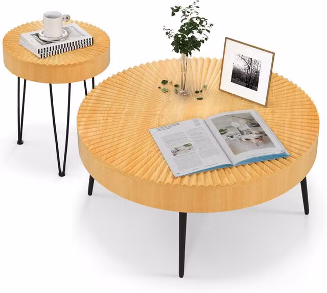 COSTWAY Set of 2 Boho Farmhouse Coffee Tables in Brown Lacquered Pine Wood and Metal