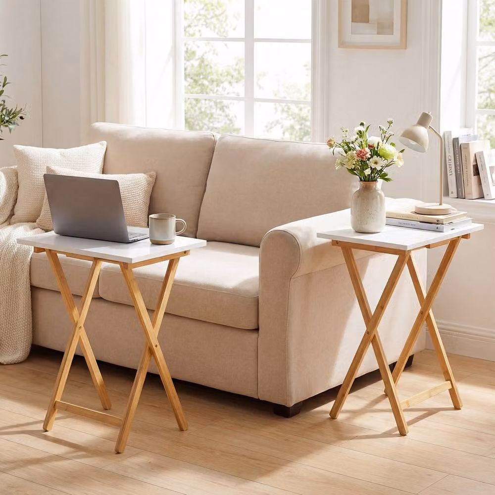 Gymax 2 Pack Folding Bamboo TV Tray Tables in White – 2