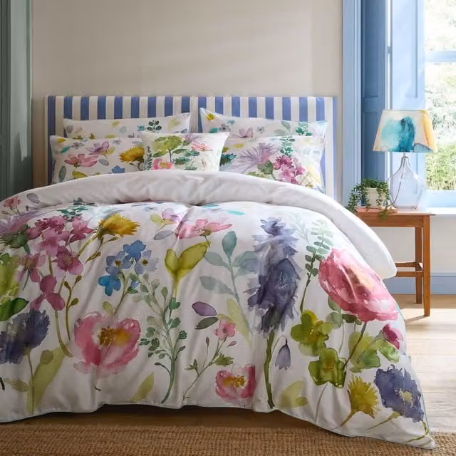 Bluebellgray Tetbury Spring Floral Mako Satin Cotton Duvet Cover and Pillowcase Set in Multicolour