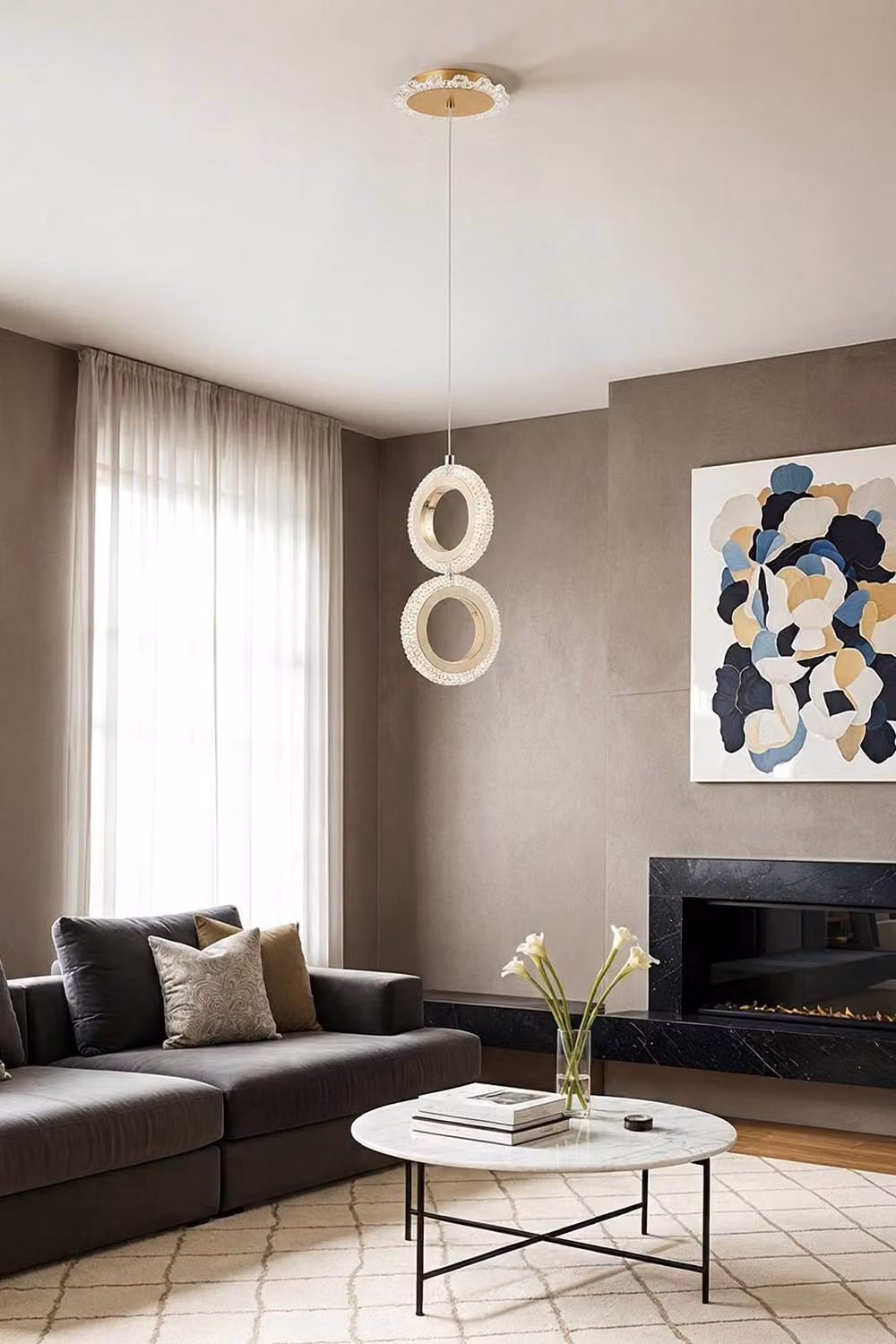 Living and Home Modern LED Ring Pendant Light Chandelier in Gold and Brass with Crystal and Acrylic Details – 2
