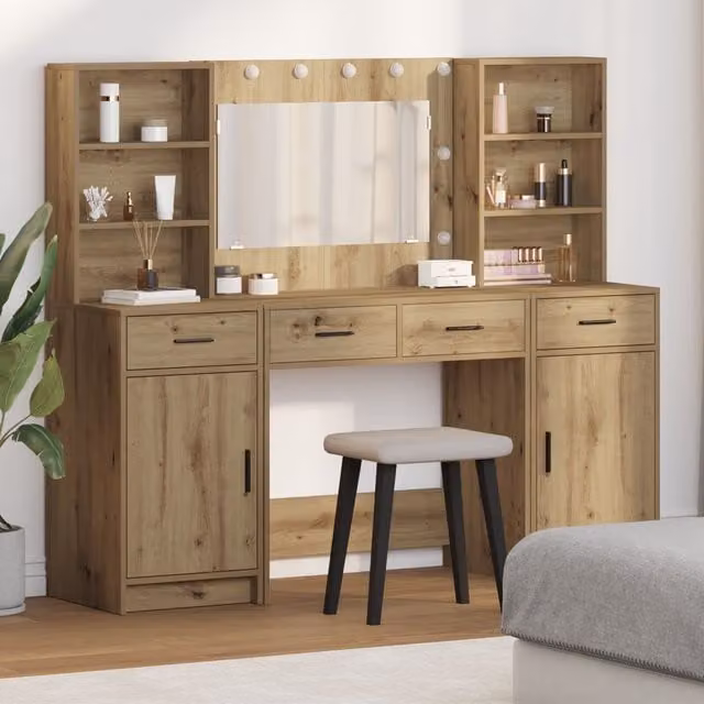 Berkfield Home Hollywood LED Modern Dressing Table Set in Brown Oak Wood Finish