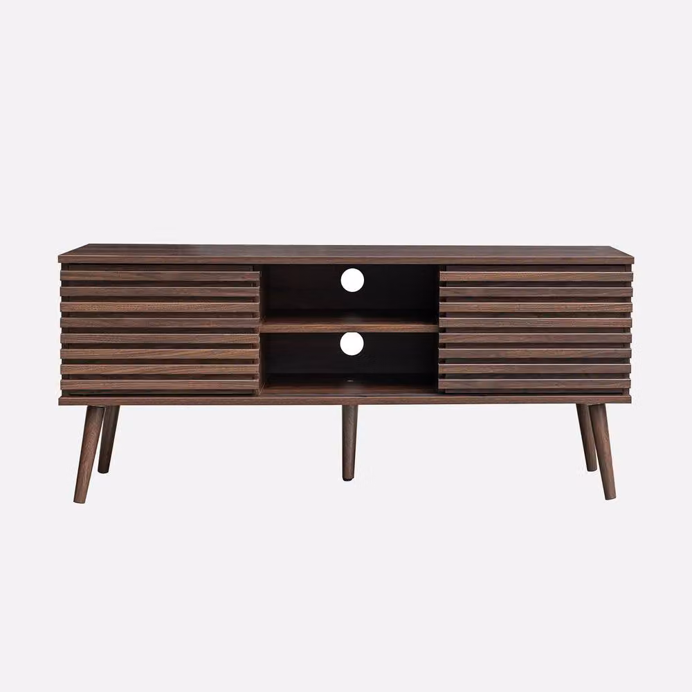 Sweekeec Scandinavian TV Unit with 2 Doors and Grooved Wooden Effect in Dark Brown, W: 120 cm, H: 51.5 cm, D: 39 cm – 2
