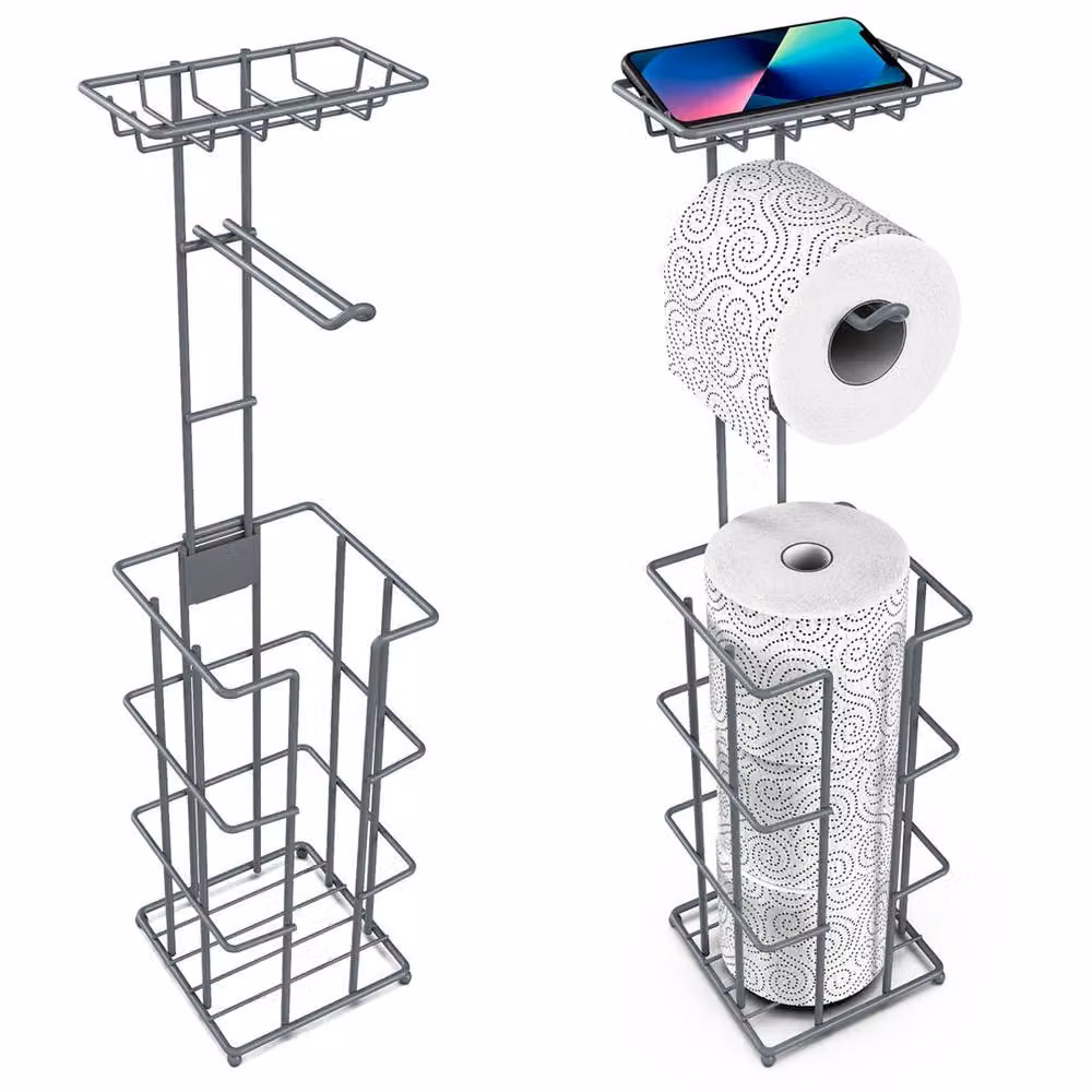 FORGEVIO Grey Metal Freestanding Toilet Paper Roll Holder and Spare Roll Holder, W: 180 cm x H: 180 cm – 2