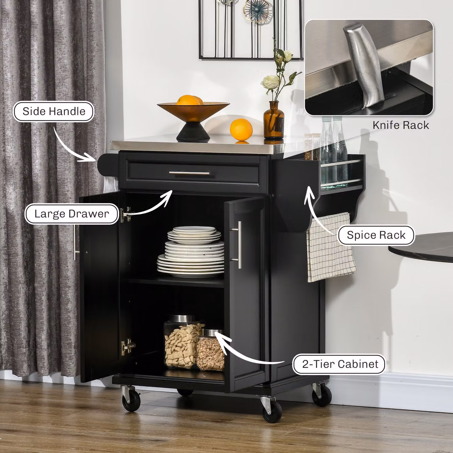 HOMCOM Modern Black Kitchen Island Cart with MDF and Metal Construction – 4