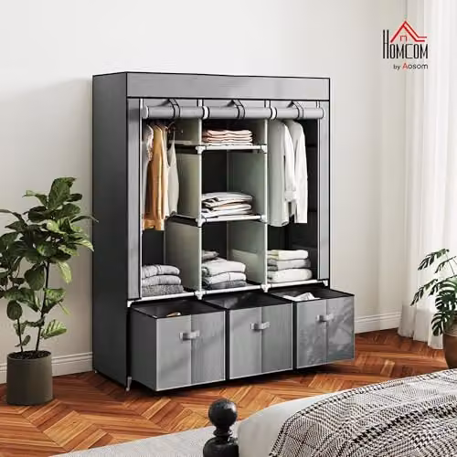 HOMCOM Modern Fabric Wardrobe with Roll Shutter, Hanging Rod, Internal Shelves and Drawers, Grey, W/D/H: 125 x 43 x 162.5 cm – 2
