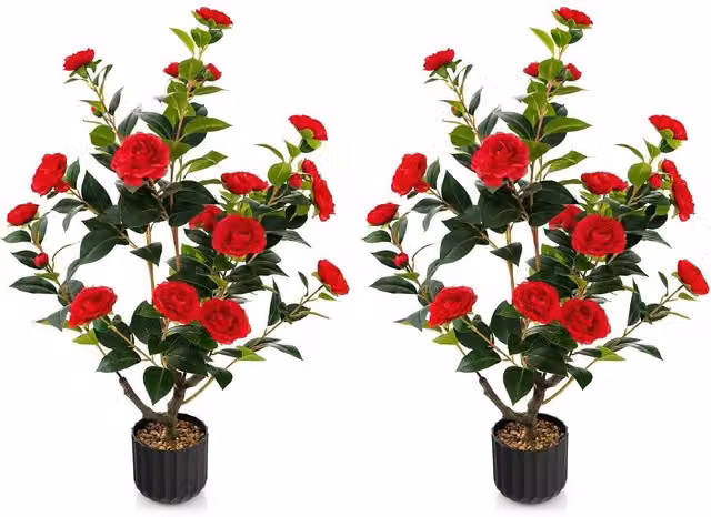 Costway Artificial Camellia Tree Faux Flower Plant in Red Cement Pot