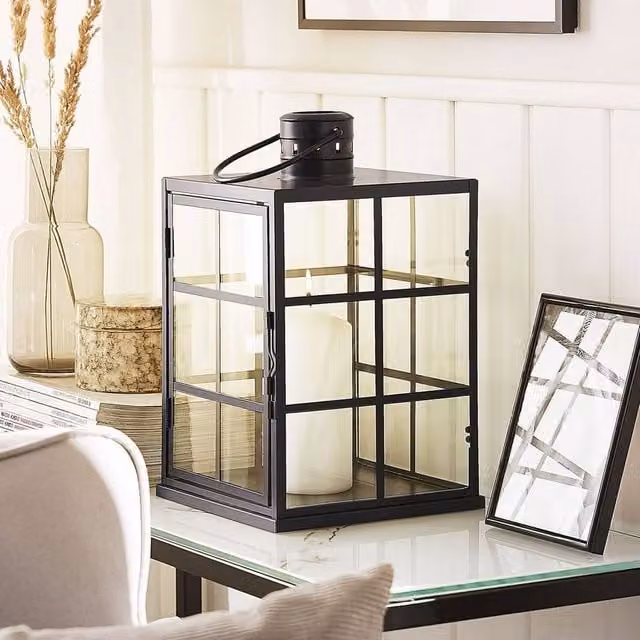 Wyld and Coco Black Metal Scandinavian Style Lantern with Glass Panels and Handle, Height: 27 cm – 1