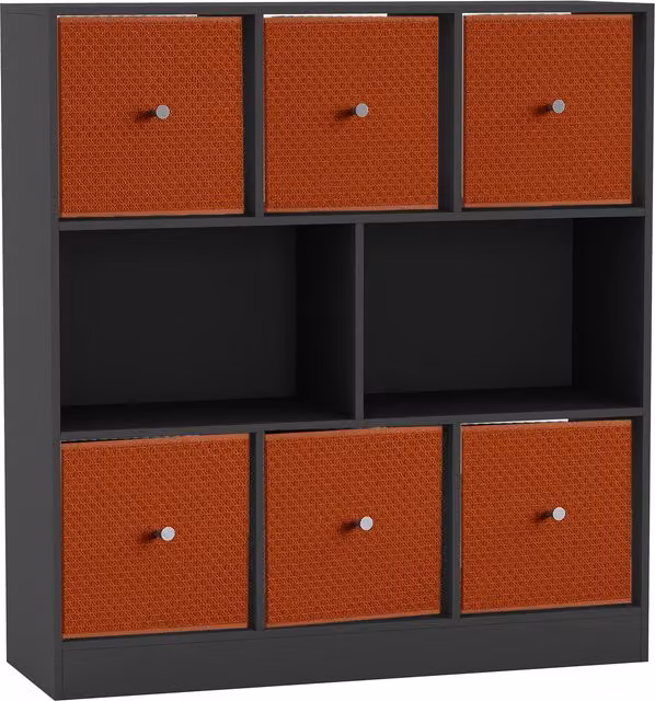 URBNLIVING 8 Cube Bookcase in Black with 6 Orange Fabric Storage Drawers