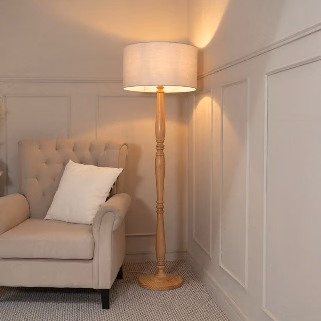 ValueLights Victoria Traditional Wood Floor Lamp with Grey Fabric Drum Shade and LED Bulb