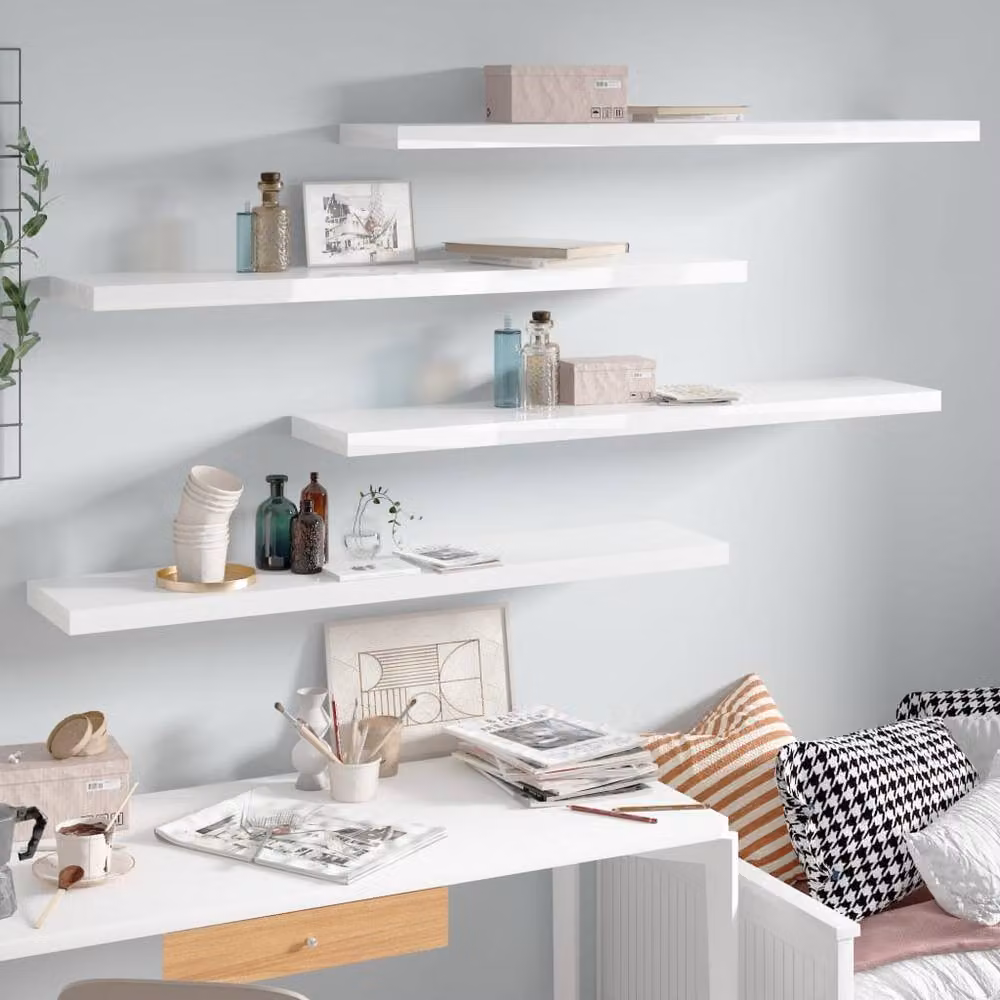 Berkfield Home Durable Floating Wall Shelves, 4 Piece Set, High Gloss White, W: 120 cm, D: 23.5 cm, H: 3.8 cm – 2