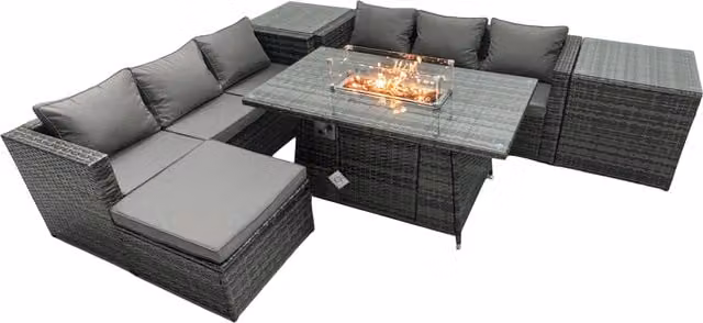 Fimous 6 Seater Rattan Garden Furniture Firepit Dining Set with Lounge Sofa, Table, 2 Side Tables and Footstool in Dark Grey – 1